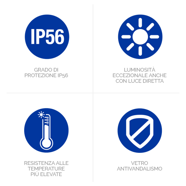 GRADO DI PROTEZIONE IP56, LUMINOSITÀ ECCEZIONALE ANCHE CON LUCE DIRETTA, RESISTENZA ALLE TEMPERATURE PIÙ ELEVATE, VETRO ANTIVANDALISMO