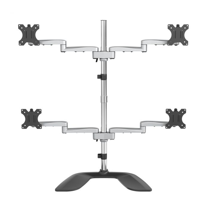 Supporto per quattro monitor da tavolo - Braccio ergonomico per 4 monitor VESA (2x2) fino a 32" - Montaggio su supporto universale snodabile in posizione libera - Altezza regolabile/inclinazione/girevole/rotazione - Argento