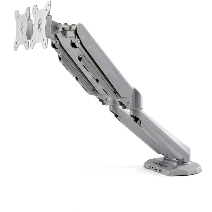 Supporto per due monitor con montaggio su scrivania con pass-through USB a 2 porte integrato