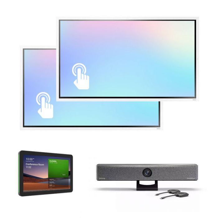 Solución para salas de reuniones medianas: barra de vídeo ClickShare Bar Pro + 2 pizarras Flip Pro de 85» + Logitech Room Booking