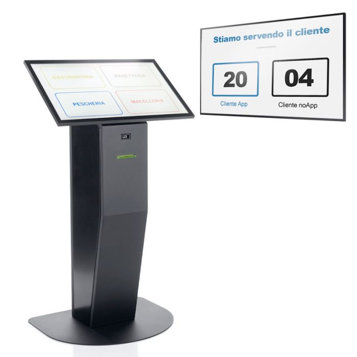 Monitor 50" + Totem multimediale , display 32” touch screen e stampante ticket con software eliminacode Kiosk+Visore