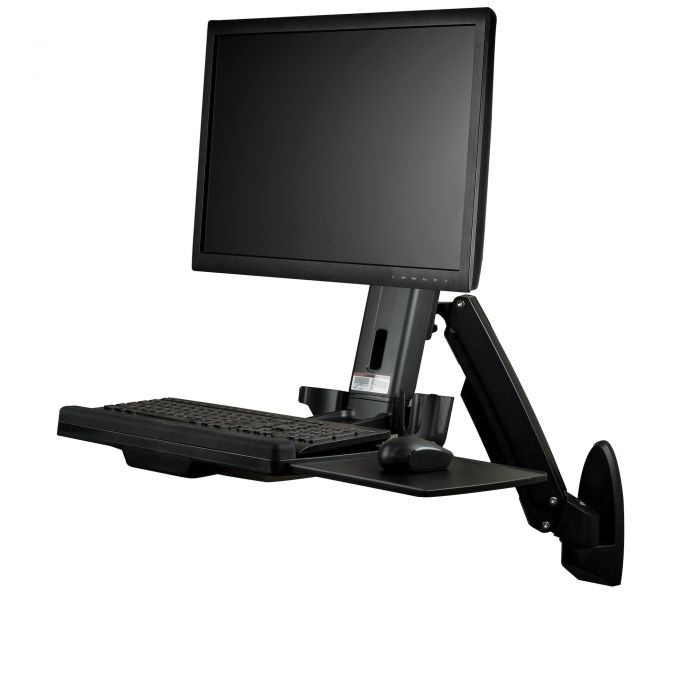 Postazione di lavoro Sit- Stand montabile a parete - Scrivania in piedi articolata a movimento completo con braccio ergonomico regolabile in altezza per monitor e tastiera - Supporti per mouse e scanner - singolo display VESA